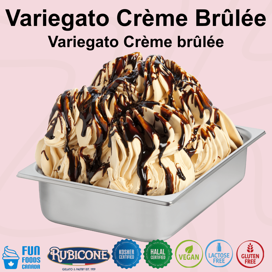 Rubicone Variegato Crème Brûlée gelato variegate featuring rich caramelized crème brûlée sauce. Ideal for gelato, ice cream, frozen yogurt and desserts. Kosher, Halal, vegan, lactose free and gluten free.