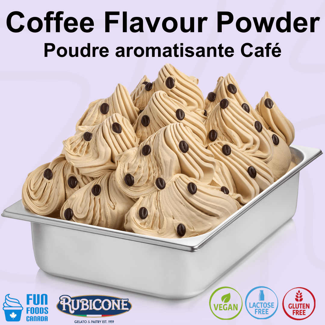 "Rubicone Coffee Plus Flavour Powder for authentic Italian gelato, shown as smooth, creamy coffee gelato with a rich espresso brown colour topped with coffee beans in a display pan. Available in Canada from Fun Foods Canada.