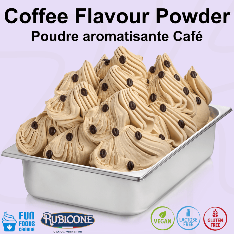 "Rubicone Coffee Plus Flavour Powder for authentic Italian gelato, shown as smooth, creamy coffee gelato with a rich espresso brown colour topped with coffee beans in a display pan. Available in Canada from Fun Foods Canada.