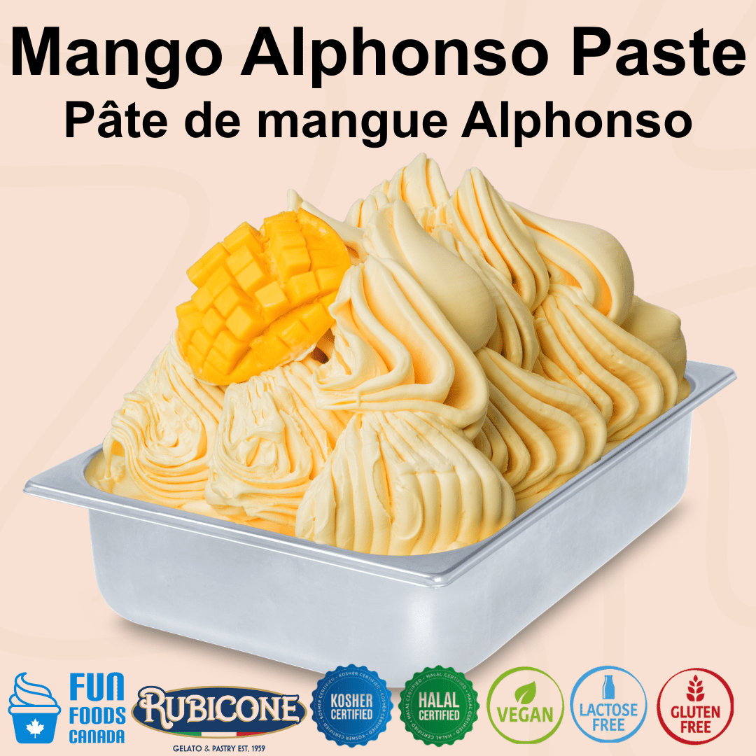 Rubicone Mango Alphonso Paste for authentic Italian gelato, shown as smooth, creamy Alphonso mango gelato topped with fresh sliced mango in a display pan.