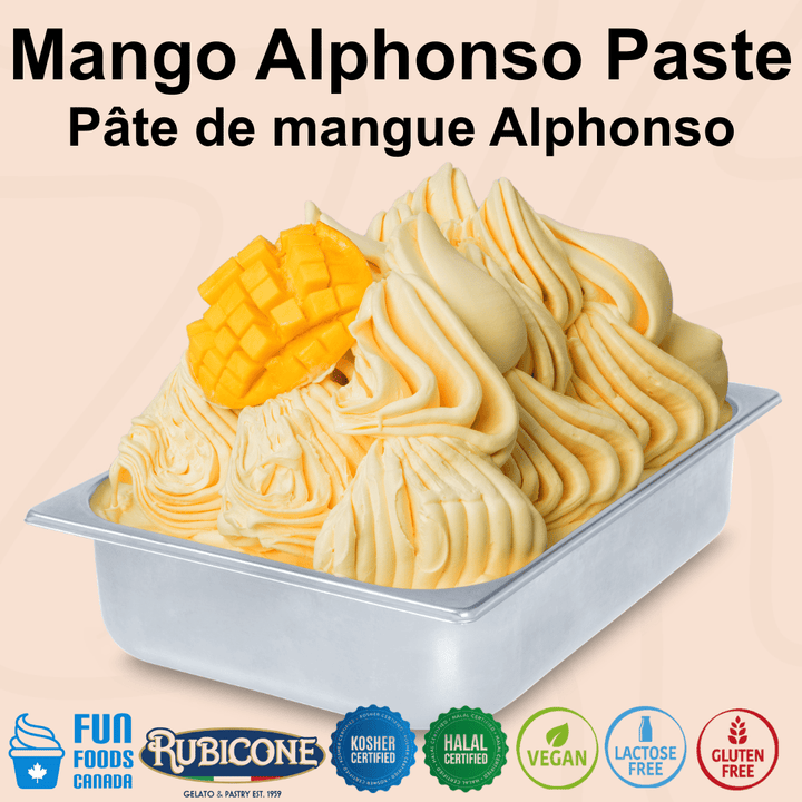 Rubicone Mango Alphonso Paste for authentic Italian gelato, shown as smooth, creamy Alphonso mango gelato topped with fresh sliced mango in a display pan.