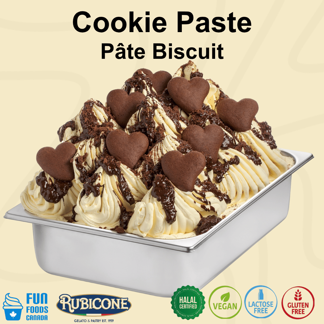 Cookie gelato with cookie pieces and chocolate sauce in a wide gelato pan on a light beige background with Fun Foods Canada and Rubicone brand logos. Certification badges can also be seen on the bottom reading: Halal certified, Vegan, Lactose-free, and gluten-free. 