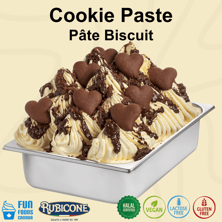 Cookie gelato with cookie pieces and chocolate sauce in a wide gelato pan on a light beige background with Fun Foods Canada and Rubicone brand logos. Certification badges can also be seen on the bottom reading: Halal certified, Vegan, Lactose-free, and gluten-free. 