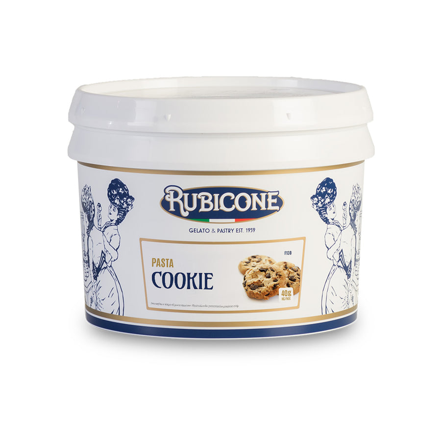3 KG bucket of Rubicone Cookie Classic Gelato Paste on a white background by Rubicone Canada - Canadian distribution of Rubicone Gelato and Pastry products
