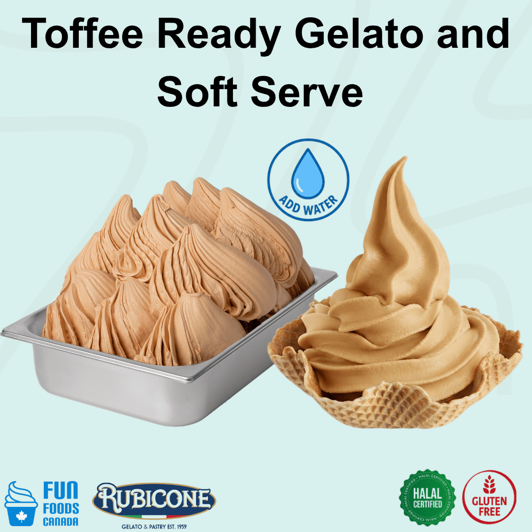 Rubicone Toffee Ready Gelato mix – rich toffee-flavoured add-water mix for commercial gelato and soft serve in Canada. Halal certified and gluten-free.
