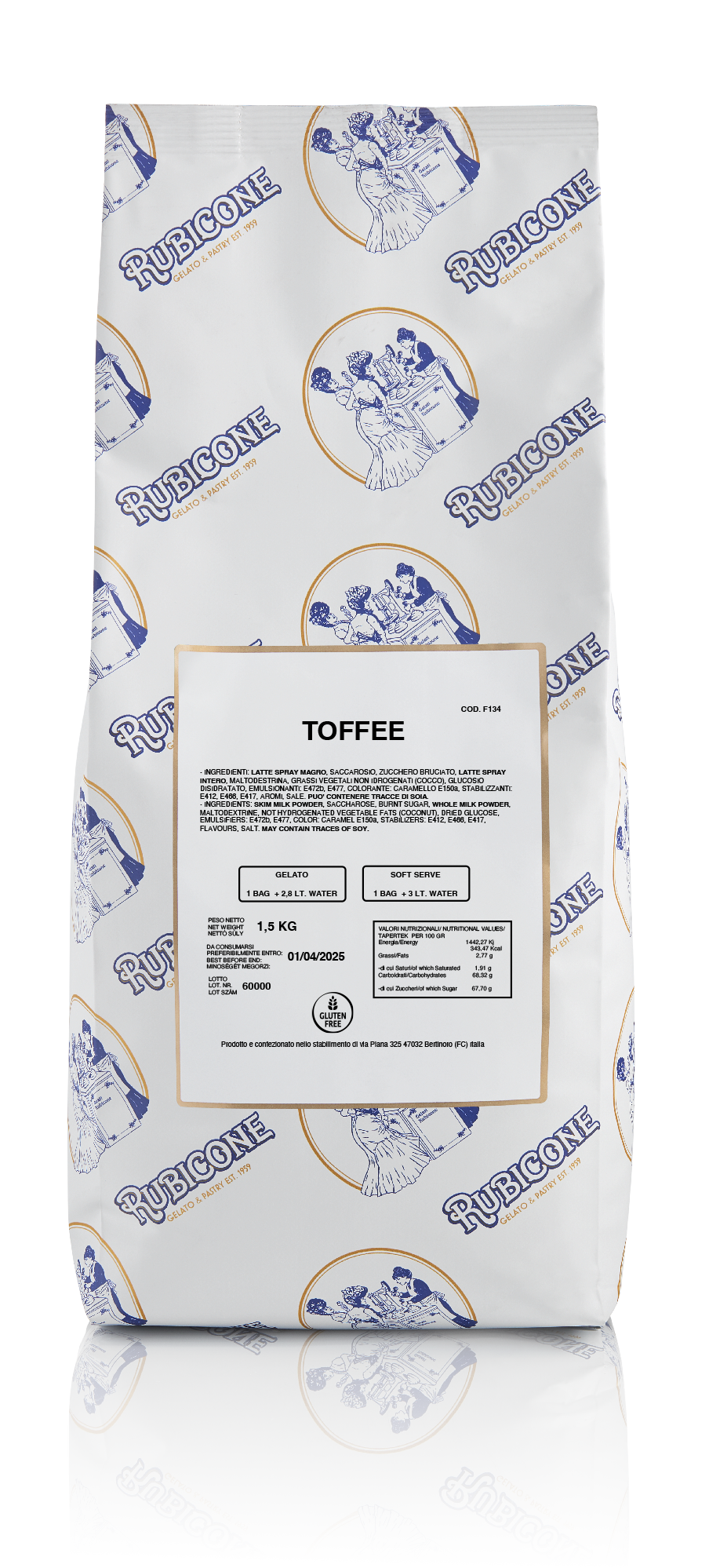 1.5 KG bag of Rubicone Toffee Ready Creamy Base for Gelato and Soft Serve on a white background 