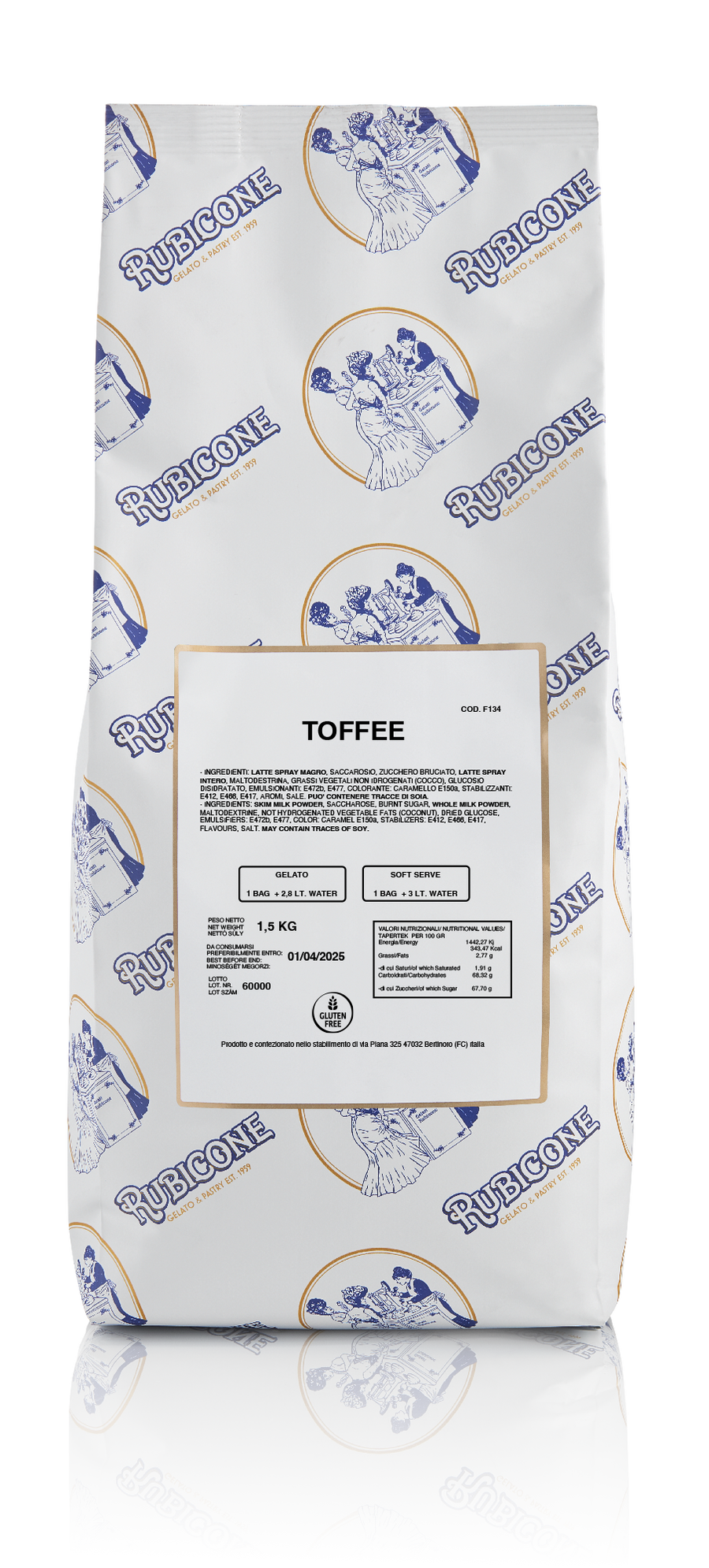 1.5 KG bag of Rubicone Toffee Ready Creamy Base for Gelato and Soft Serve on a white background 