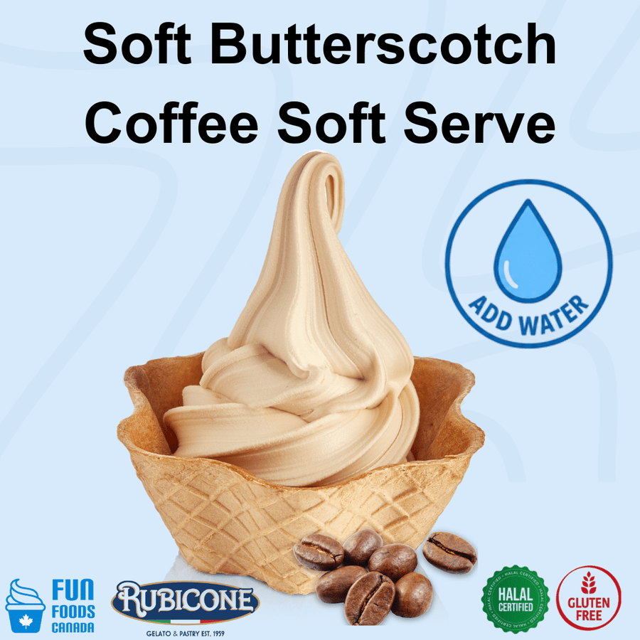 A promotional product graphic for 'Soft Butterscotch Coffee Soft Serve' showing a swirl of light tan ice cream in a waffle cone with coffee beans on a pale blue background. Text reads 'Soft Butterscotch Coffee Soft Serve' and includes an 'ADD WATER' icon and certification logos for Fun Foods Canada, Rubicone, Halal Certified, and Gluten Free.