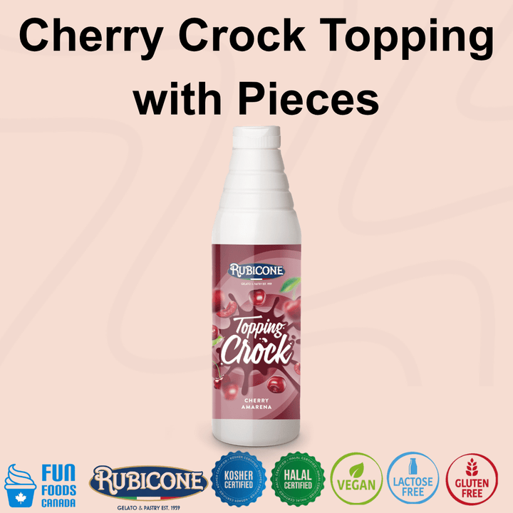 Rubicone Cherry Crock Topping with Pieces, a rich cherry dessert topping containing fruit pieces for adding flavour and texture to gelato, ice cream, frozen yogurt, pastries and desserts. Kosher, Halal, Vegan, Lactose-Free and Gluten-Free.