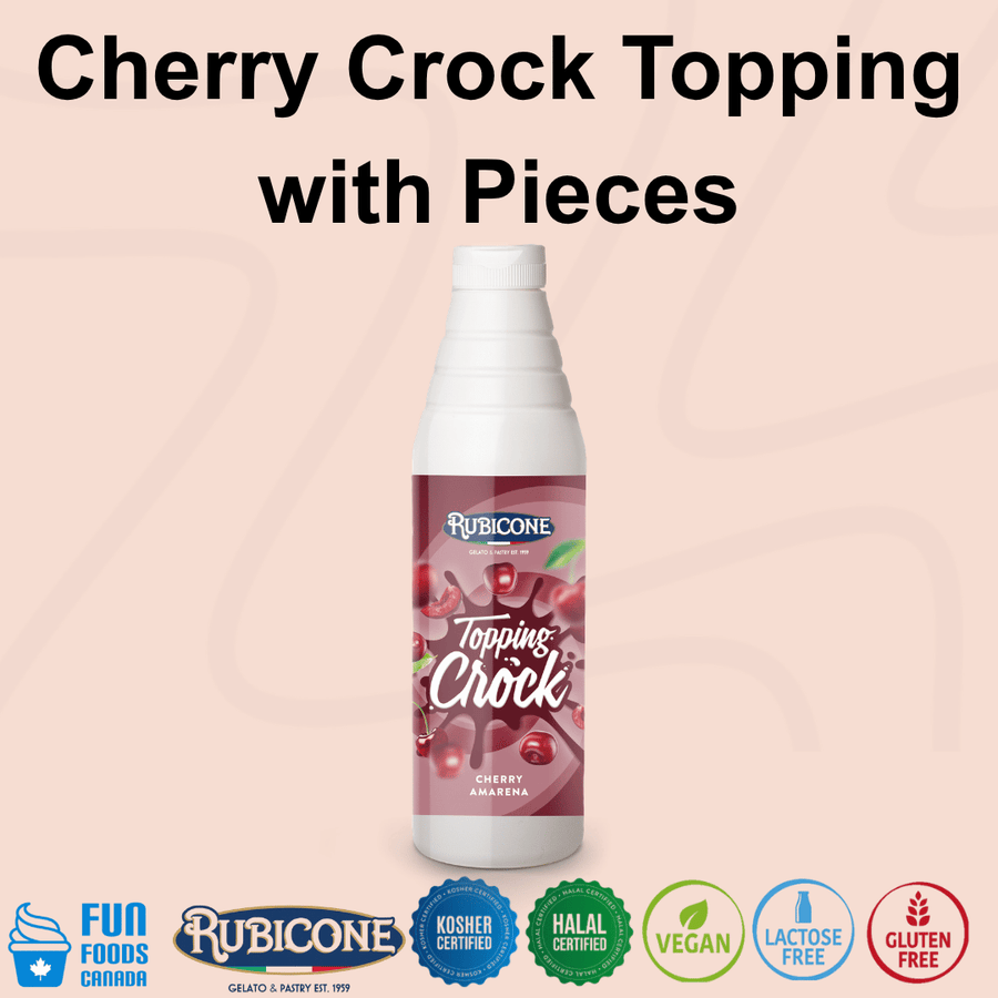 Rubicone Cherry Crock Topping with Pieces, a rich cherry dessert topping containing fruit pieces for adding flavour and texture to gelato, ice cream, frozen yogurt, pastries and desserts. Kosher, Halal, Vegan, Lactose-Free and Gluten-Free.