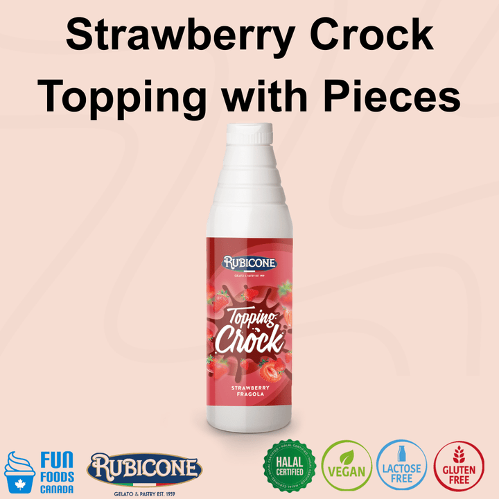 Rubicone Strawberry Crock Topping with Pieces, a rich strawberry dessert topping containing fruit pieces for adding flavour and texture to gelato, ice cream, frozen yogurt, pastries and desserts. Halal, Vegan, Lactose-Free and Gluten-Free.
