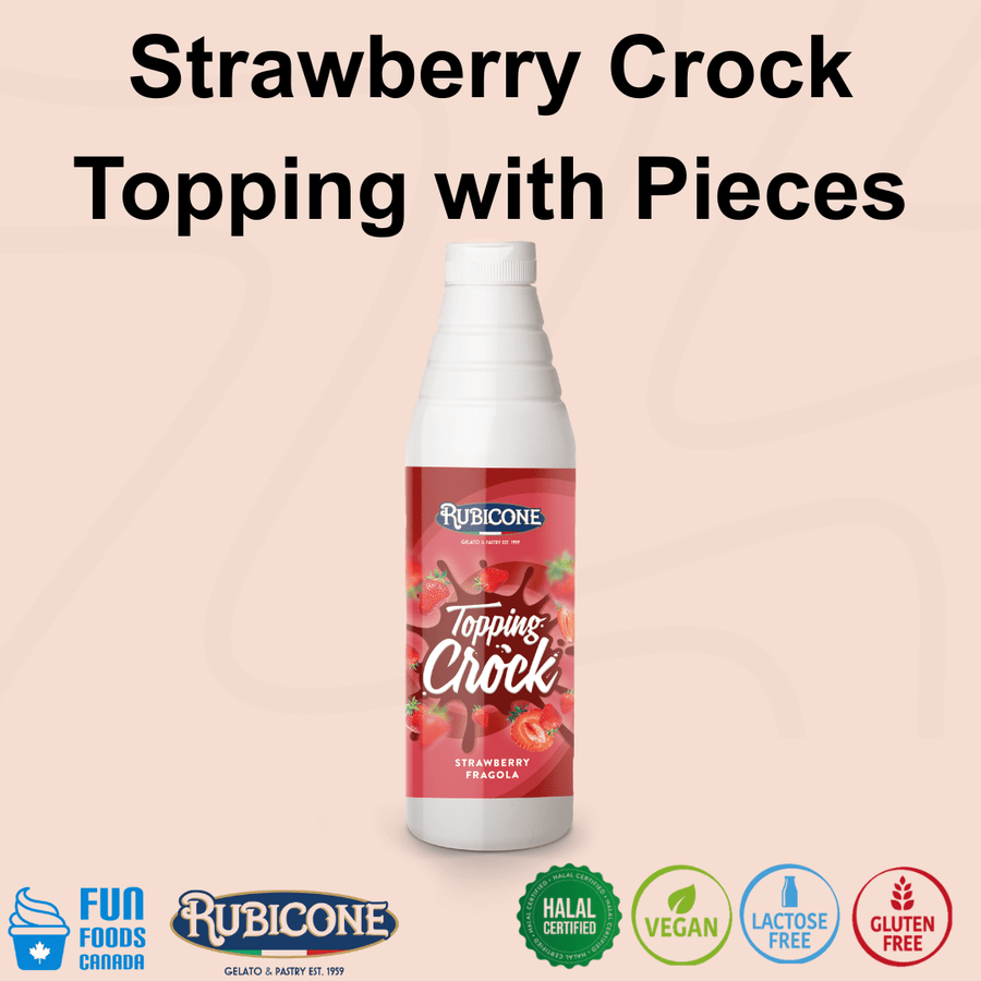 Rubicone Strawberry Crock Topping with Pieces, a rich strawberry dessert topping containing fruit pieces for adding flavour and texture to gelato, ice cream, frozen yogurt, pastries and desserts. Halal, Vegan, Lactose-Free and Gluten-Free.
