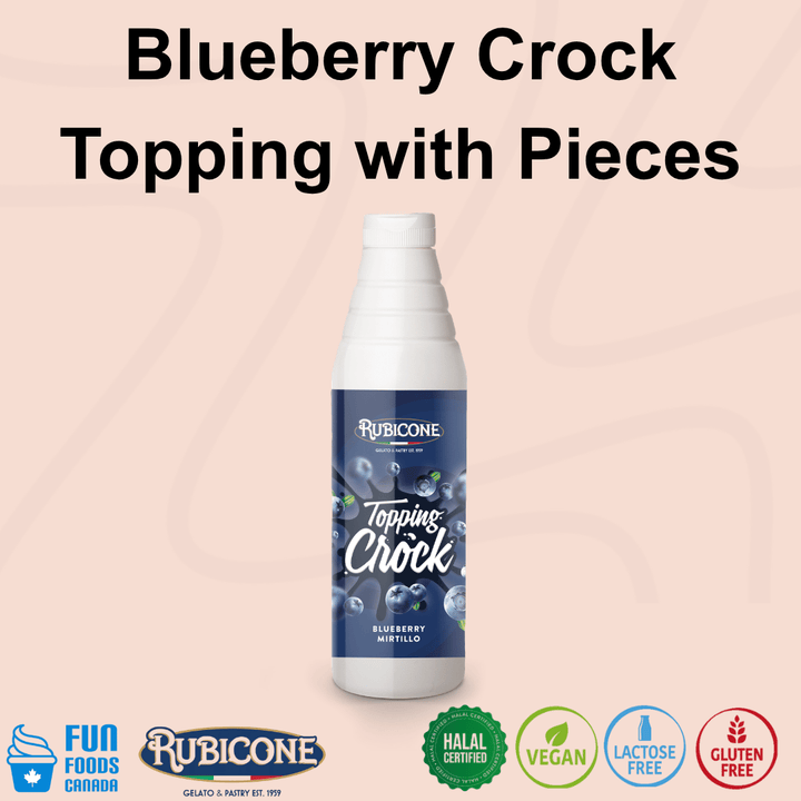Rubicone Blueberry Crock Topping with Pieces, a rich blueberry dessert topping containing fruit pieces for adding flavour and texture to gelato, ice cream, frozen yogurt, pastries and desserts. Halal, Vegan, Lactose-Free and Gluten-Free.
