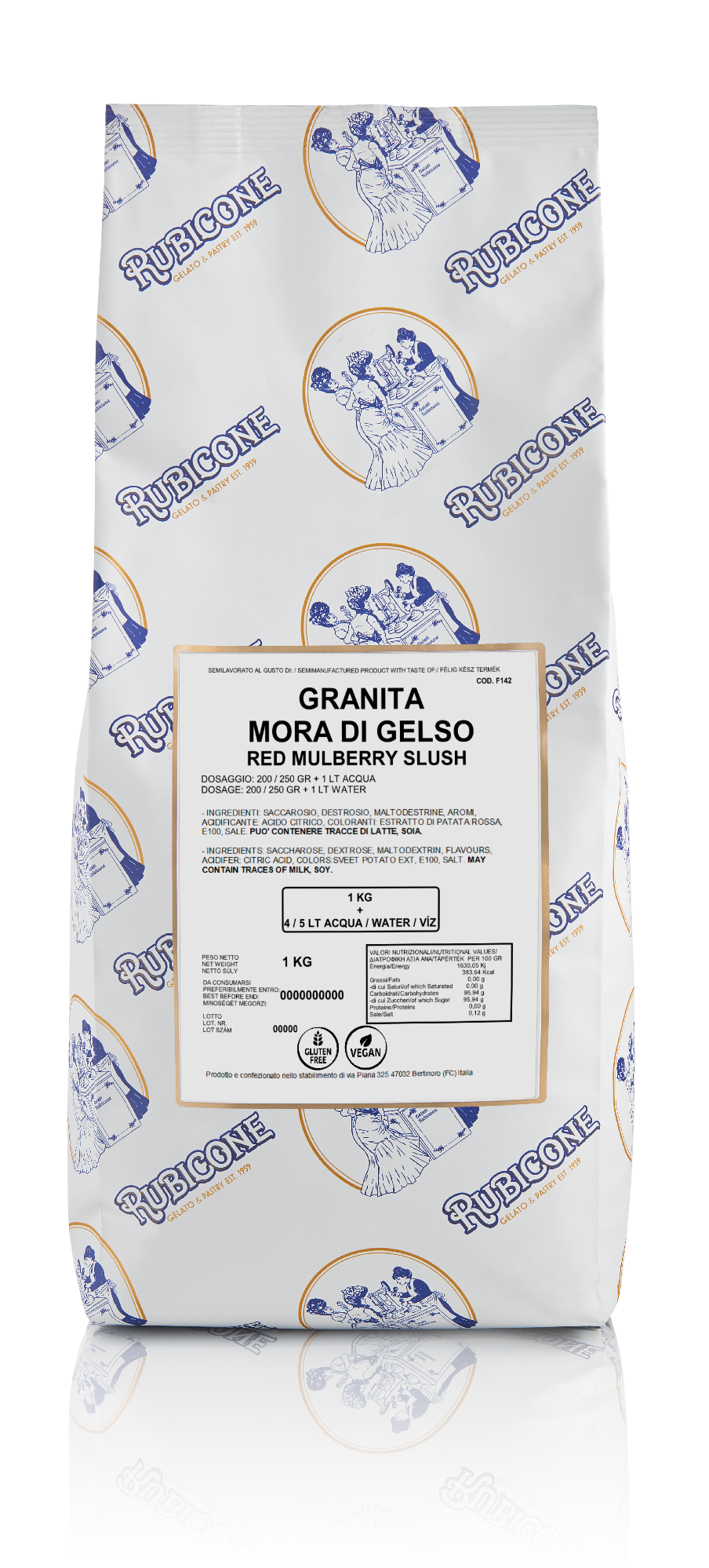 1 KG packaging of Rubicone Red Mulberry Slush and Granita mix on a white background - to be used with slush machine - Canadian distribution of Rubicone gelato and pastry products