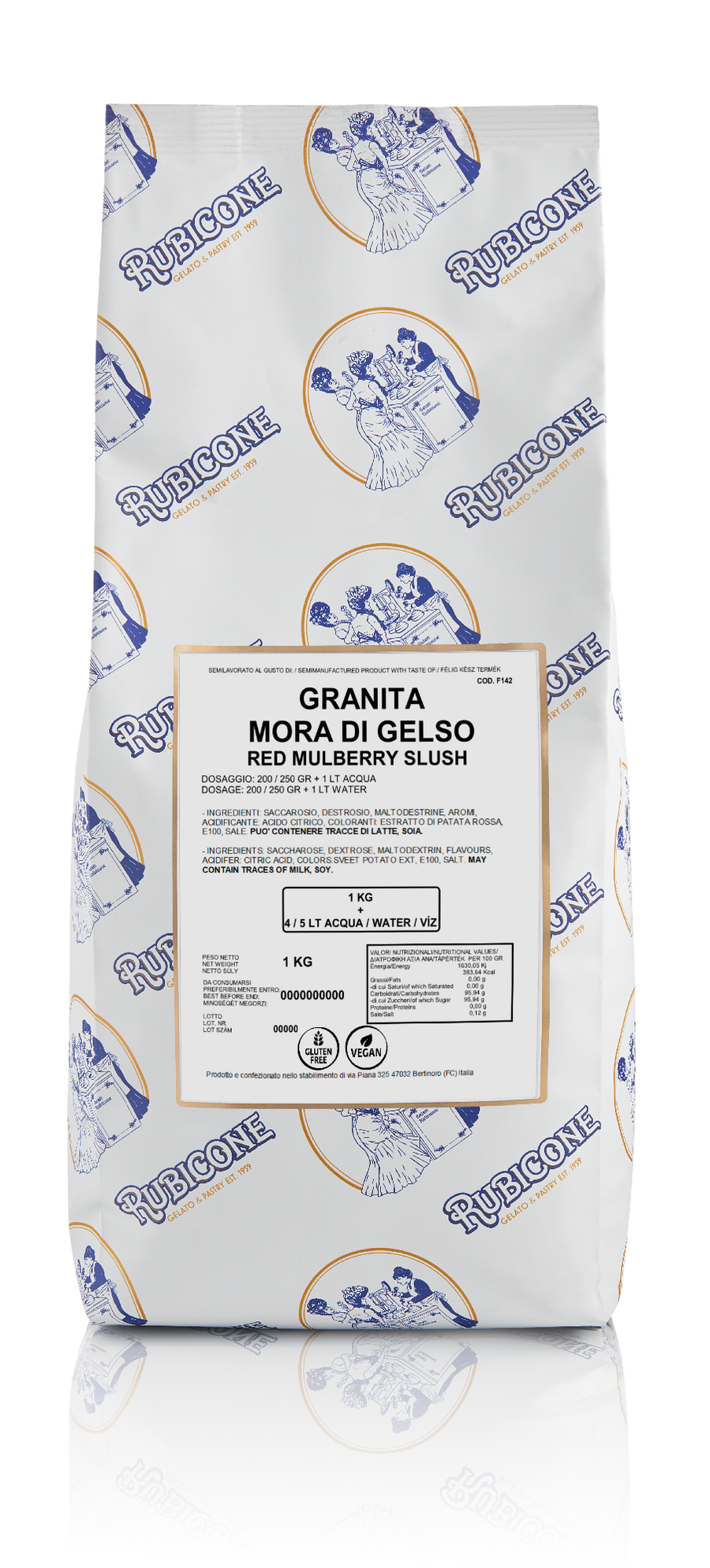 1 KG packaging of Rubicone Red Mulberry Slush and Granita mix on a white background - to be used with slush machine - Canadian distribution of Rubicone gelato and pastry products