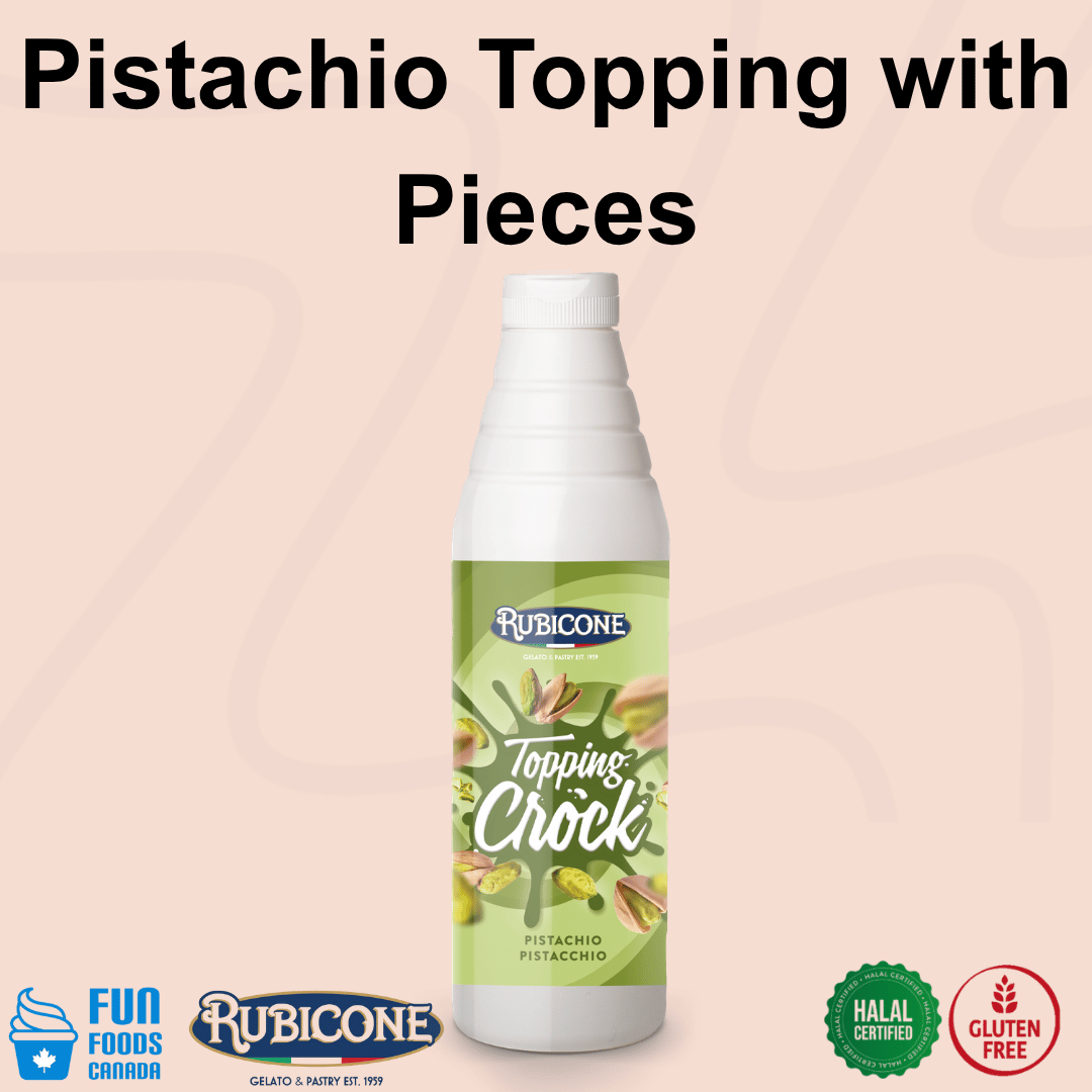 Rubicone Pistachio Crock Topping with Pieces, a rich pistachio dessert topping containing crunchy pistachio pieces for adding flavour and texture to gelato, ice cream, frozen yogurt, pastries and desserts. Halal and Gluten-Free.

