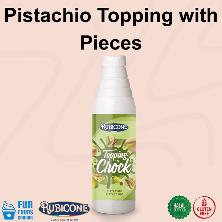 Rubicone Pistachio Crock Topping with Pieces, a rich pistachio dessert topping containing crunchy pistachio pieces for adding flavour and texture to gelato, ice cream, frozen yogurt, pastries and desserts. Halal and Gluten-Free.
