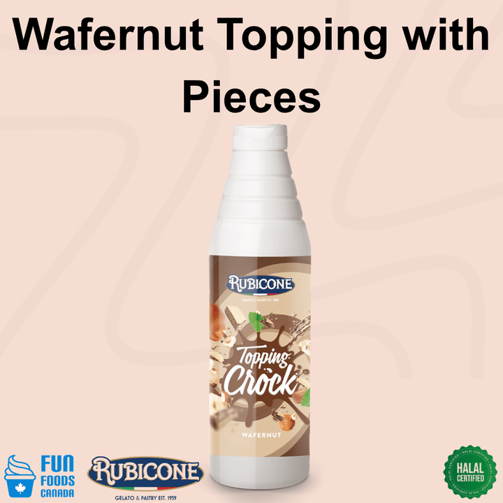 Rubicone Wafernut Topping with Pieces, a rich wafer and hazelnut-flavoured dessert topping with crunchy pieces, ideal for decorating gelato, ice cream, frozen yogurt, milkshakes, pastries and desserts. Halal Certified.
