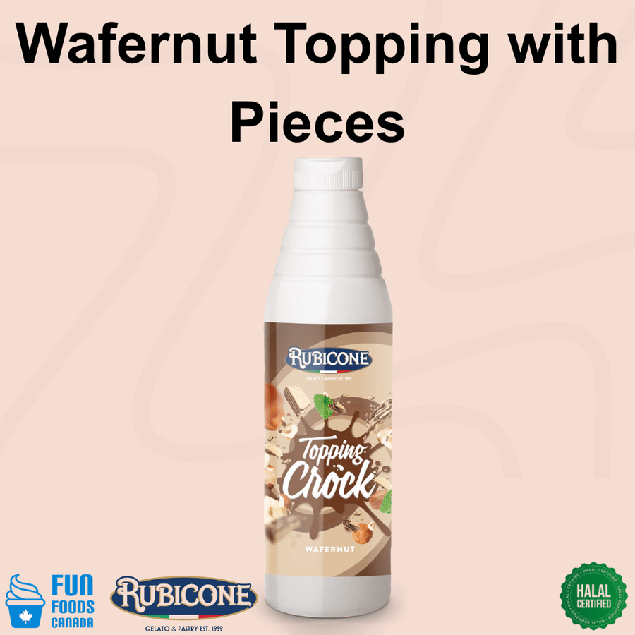 Rubicone Wafernut Topping with Pieces, a rich wafer and hazelnut-flavoured dessert topping with crunchy pieces, ideal for decorating gelato, ice cream, frozen yogurt, milkshakes, pastries and desserts. Halal Certified.
