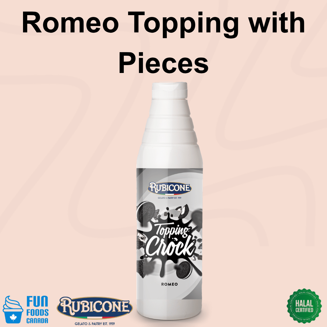 Rubicone Romeo Crock Topping with Pieces, a creamy dessert topping with chocolate sandwich cookie pieces for adding rich flavour and crunchy texture to gelato, ice cream, frozen yogurt, milkshakes, pastries and desserts. Halal.
