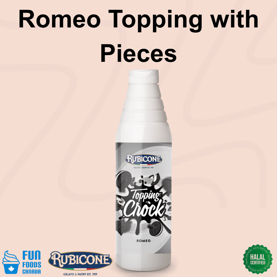 Rubicone Romeo Crock Topping with Pieces, a creamy dessert topping with chocolate sandwich cookie pieces for adding rich flavour and crunchy texture to gelato, ice cream, frozen yogurt, milkshakes, pastries and desserts. Halal.

