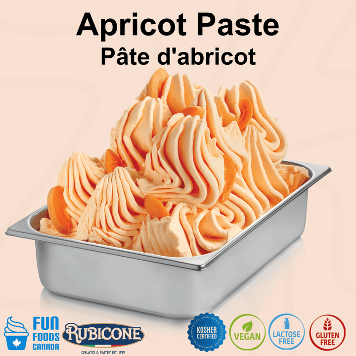 Rubicone Apricot Paste for authentic Italian gelato, shown as smooth, creamy apricot gelato with a vibrant golden-orange colour in a display pan.