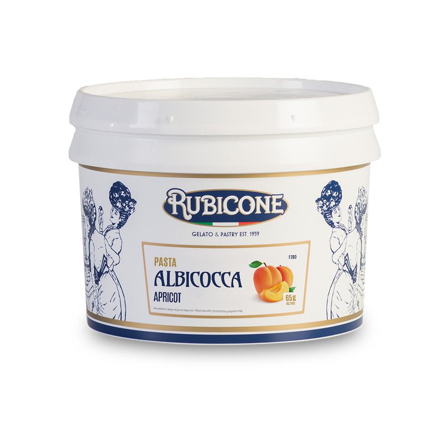 3 KG bucket of Rubicone Apricot fruit gelato paste on a white background