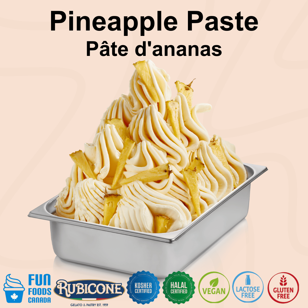Rubicone Pineapple Paste for authentic Italian gelato, shown as smooth, creamy pineapple gelato topped with fresh pineapple pieces in a display pan.