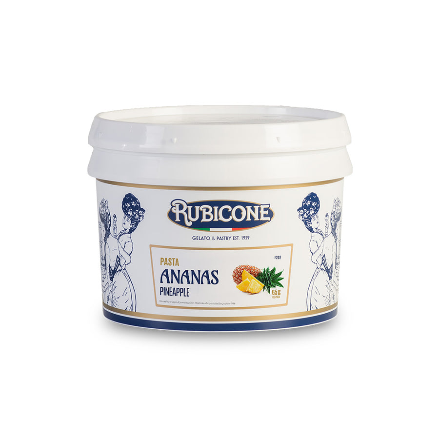 3 KG bucket of Rubicone pineapple fruit gelato paste on a white background