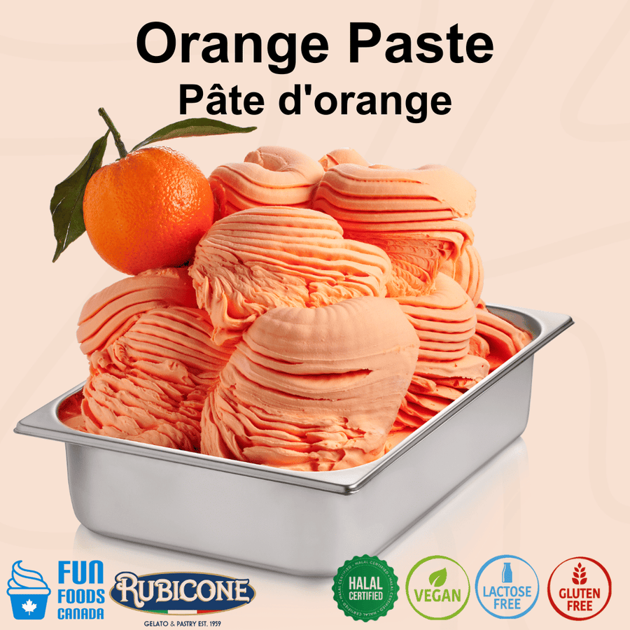 Rubicone Orange Paste for authentic Italian gelato, shown as smooth, creamy orange gelato topped with fresh orange in a display pan.