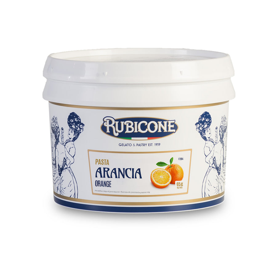 3 KG bucket of Rubicone orange fruit gelato paste on a white background - Canadian distribution of Rubicone gelato and pastry products