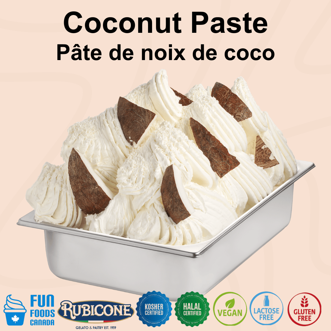 Rubicone Coconut Paste for authentic Italian gelato, shown as smooth, creamy coconut gelato topped with sliced coconut in a display pan.