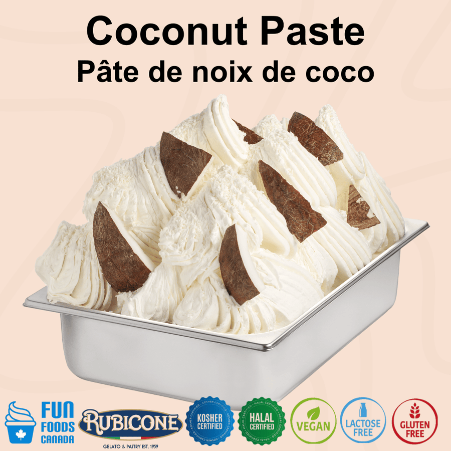 Rubicone Coconut Paste for authentic Italian gelato, shown as smooth, creamy coconut gelato topped with sliced coconut in a display pan.