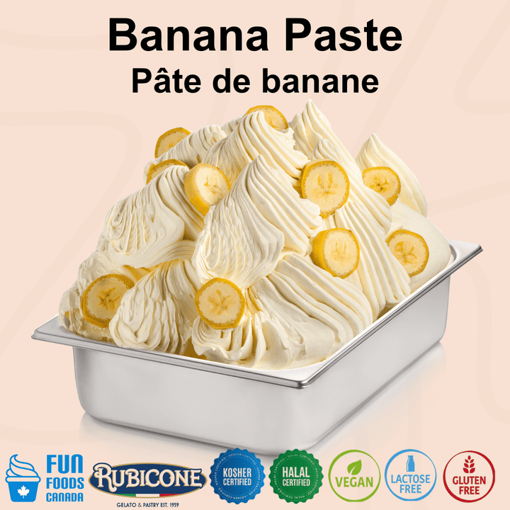 Rubicone Banana Paste for authentic Italian gelato, shown as smooth, creamy banana gelato topped with fresh banana slices in a display pan.