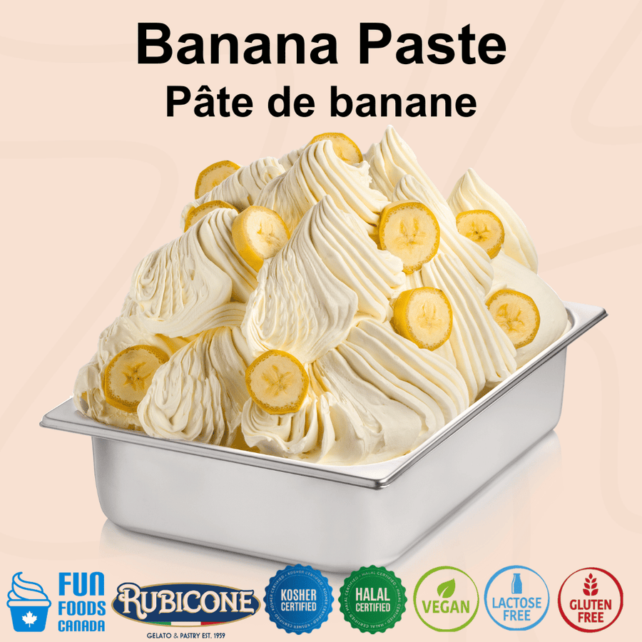 Rubicone Banana Paste for authentic Italian gelato, shown as smooth, creamy banana gelato topped with fresh banana slices in a display pan.
