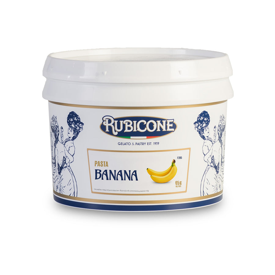 3 KG bucket of Rubicone Banana fruit gelato paste on a white background