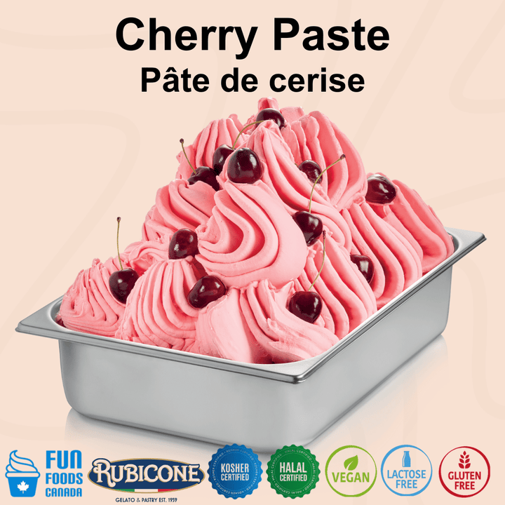 Rubicone Cherry Paste for authentic Italian gelato, shown as rich, creamy cherry gelato topped with whole cherries in a display pan.