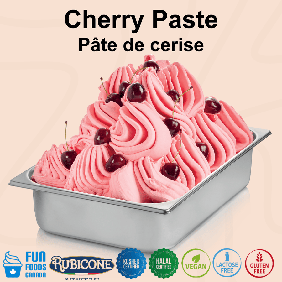 Rubicone Cherry Paste for authentic Italian gelato, shown as rich, creamy cherry gelato topped with whole cherries in a display pan.