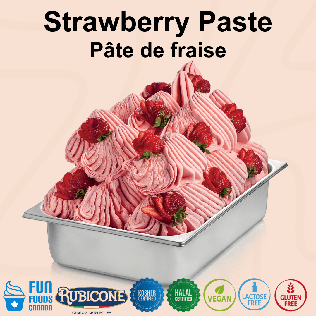 Rubicone Strawberry Paste for authentic Italian gelato, shown as smooth, creamy strawberry gelato topped with fresh strawberry pieces in a display pan.