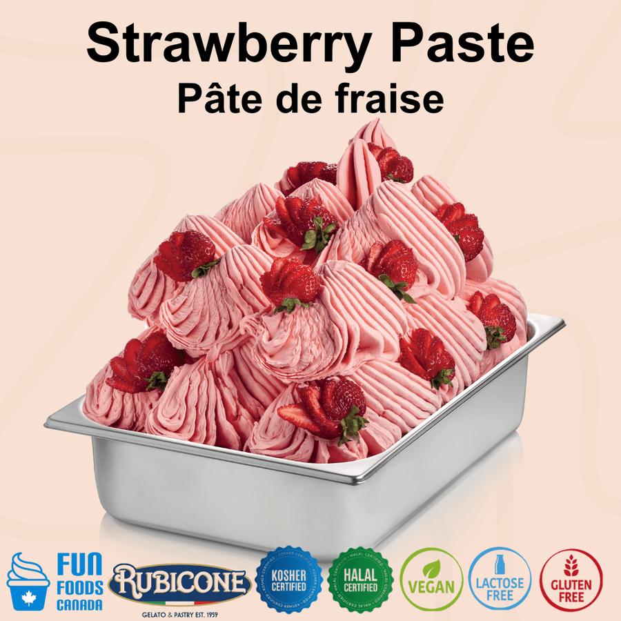 Rubicone Strawberry Paste for authentic Italian gelato, shown as smooth, creamy strawberry gelato topped with fresh strawberry pieces in a display pan.