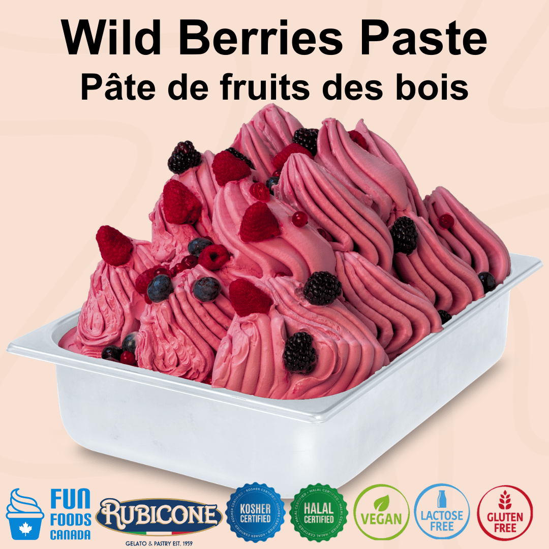 Rubicone Wild Berries Paste for authentic Italian gelato, shown as smooth, creamy mixed berry gelato topped with fresh wild berries in a display pan.