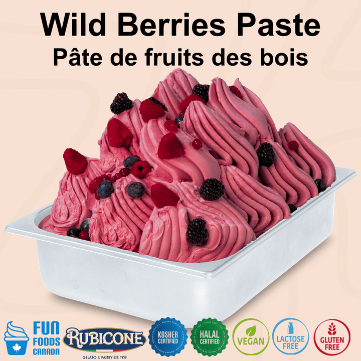 Rubicone Wild Berries Paste for authentic Italian gelato, shown as smooth, creamy mixed berry gelato topped with fresh wild berries in a display pan.