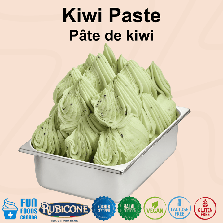 Rubicone Kiwi Paste for authentic Italian gelato, shown as smooth, creamy kiwi gelato in a display pan.