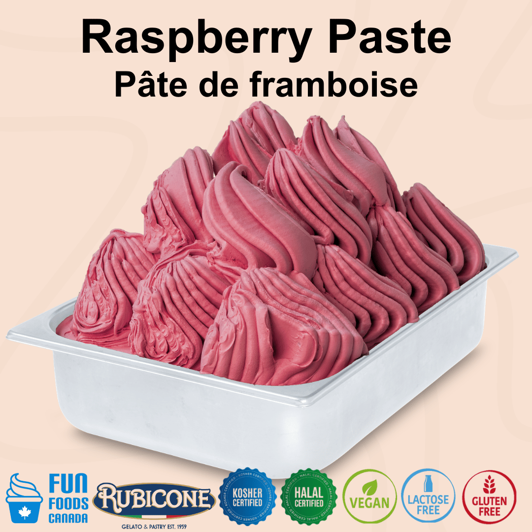 Rubicone Raspberry Paste for authentic Italian gelato, shown as smooth, creamy raspberry gelato in a display pan.