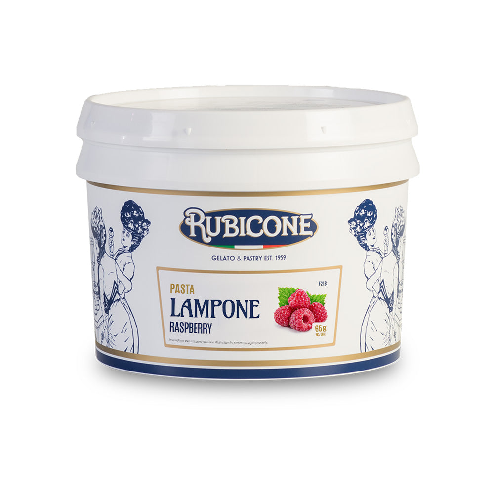 3 KG bucket of Rubicone raspberry fruit gelato paste on a white background