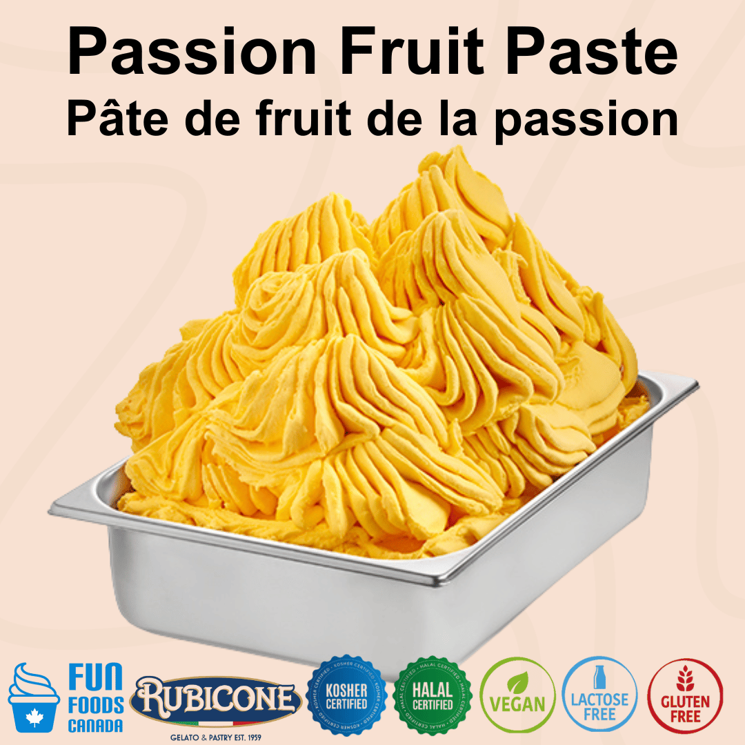 Rubicone Passion Fruit Paste for authentic Italian gelato, shown as smooth, creamy passion fruit gelato with a vibrant golden-yellow colour in a display pan.