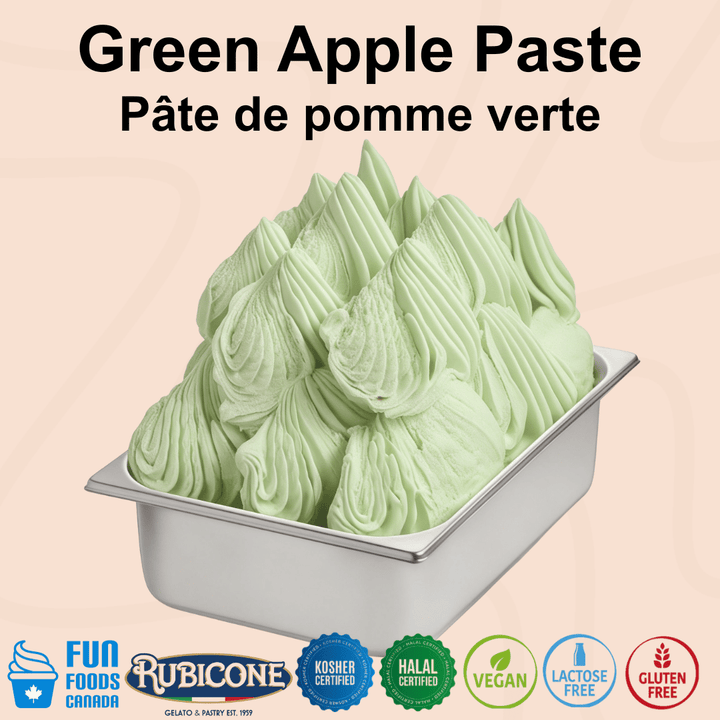 Rubicone Green Apple Paste show as creamy green apple gelato in a display pan.