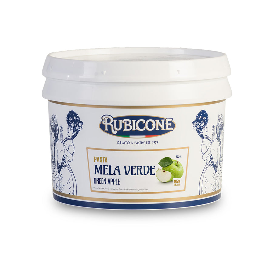 3 KG bucket of Rubicone Green Apple fruit gelato paste on a white background 