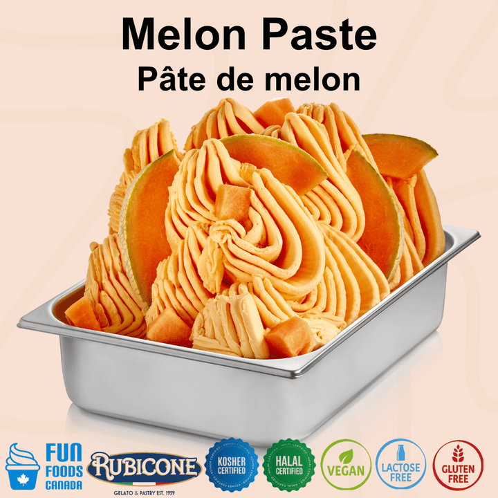Rubicone Melon Paste for authentic Italian gelato, shown as smooth, creamy melon gelato topped with fresh melon slices in a display pan.