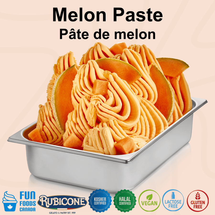 Rubicone Melon Paste for authentic Italian gelato, shown as smooth, creamy melon gelato topped with fresh melon slices in a display pan.